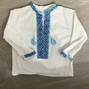 Hand Embroidered and Sewn Ukrainian Boy’s White Linen Shirt with Blue Embroidery